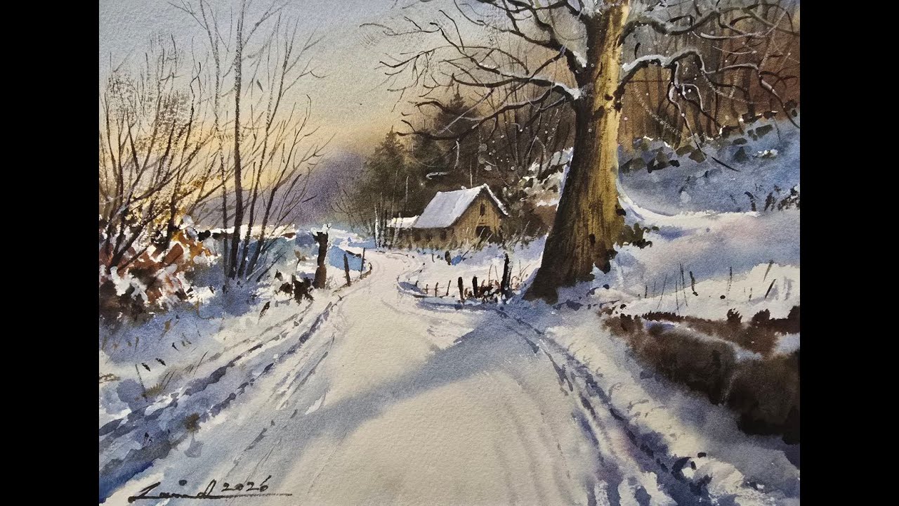 Peaceful Winter Cabin – Watercolor Landscape Tutorial