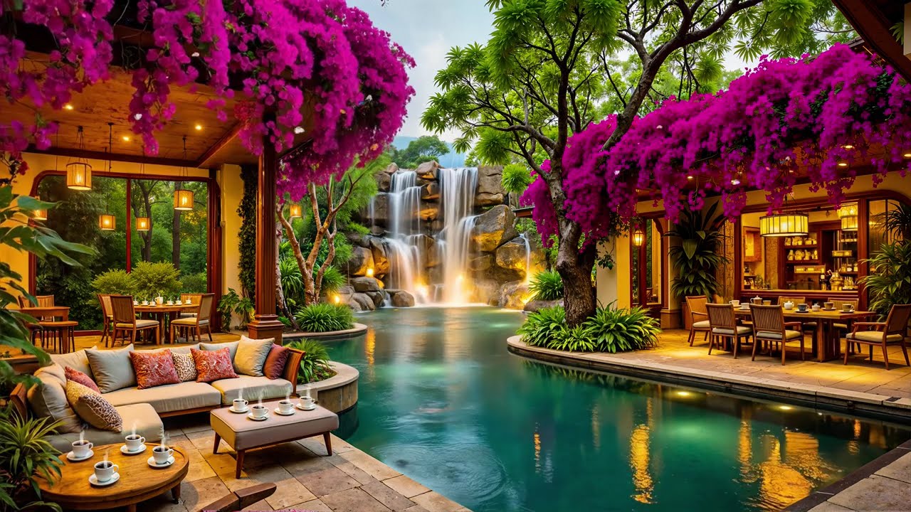 Peaceful Morning Jazz in a Waterfall Resort Villa – Soft Jazz for Calm Work & Study