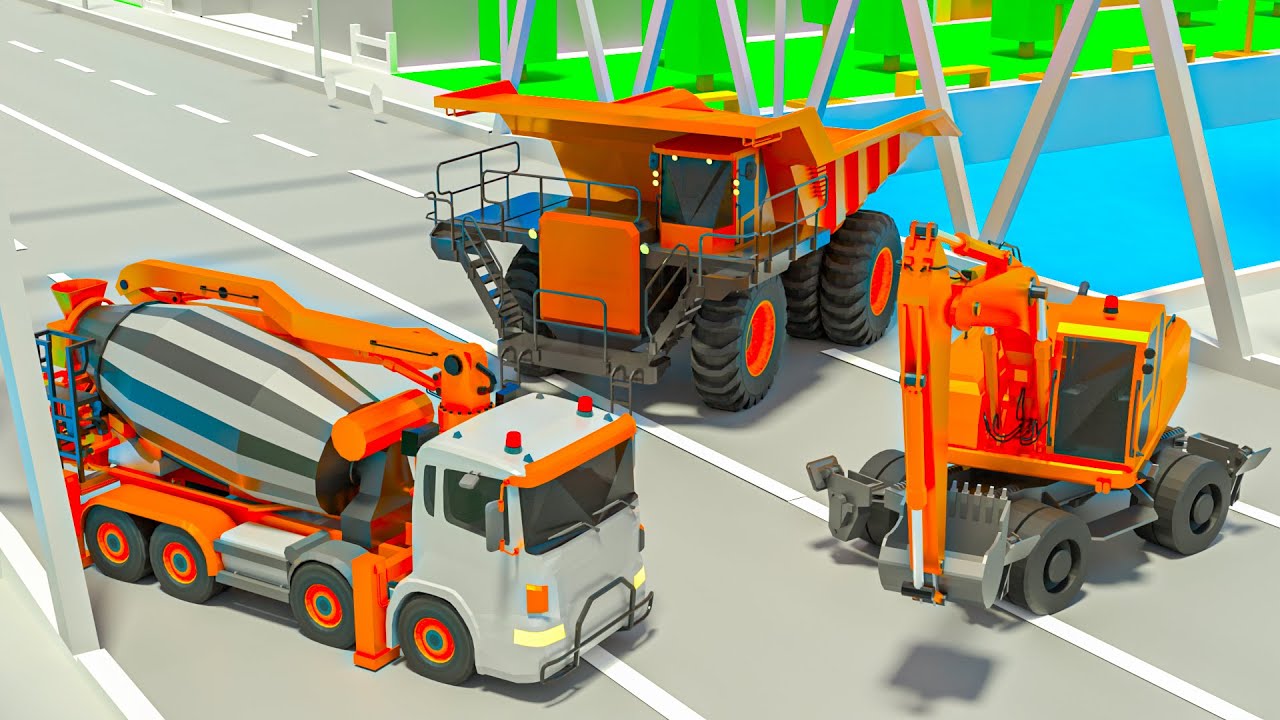 Collapsed Bridge - Cement Mixer, Dump Truck Build a new bridge | Excavator  | Vehicles 3D Animation