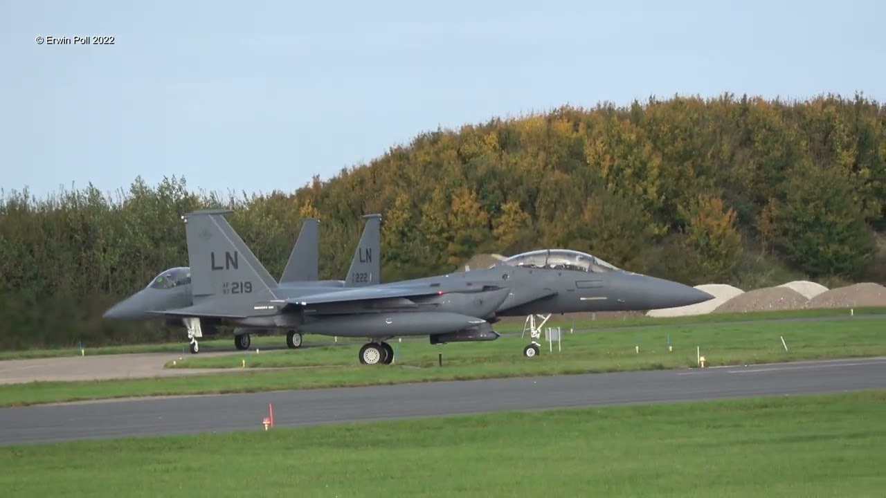 2x USAF F-15 Strike Eagles Full Afterburner Take Off Leeuwarden Airbase EHLW 19 Okt 2022