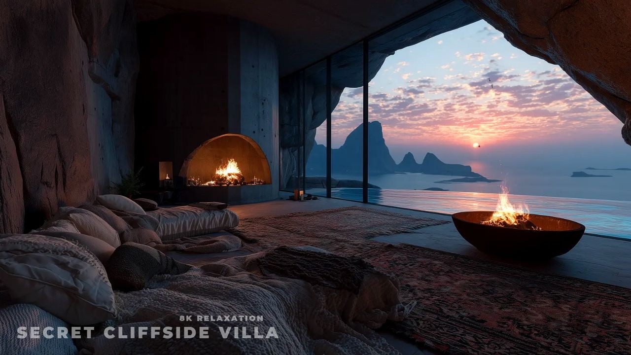 Luxury Cabo Resort Ambience 4K | Ocean Waves & Fireplace Sound for Deep Sleep