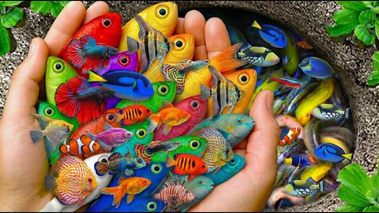 Catch beautiful aquarium fish in small pond baby turtles, frog, pencil fish, guppies, nemo fishs