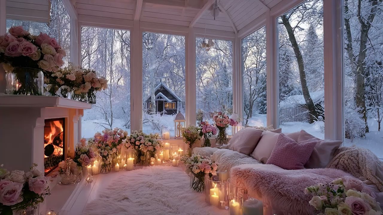 Cold Snow Wind Passing Beyond the Glass | Fireplace Crackles for Relaxing Winter Evenings