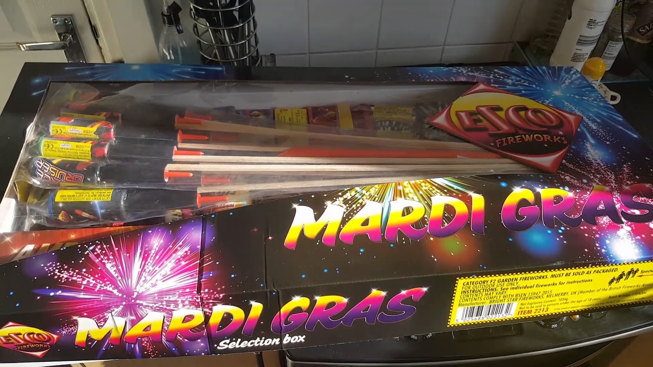 Opening of the mardi gras box ( requested) . Fireworks