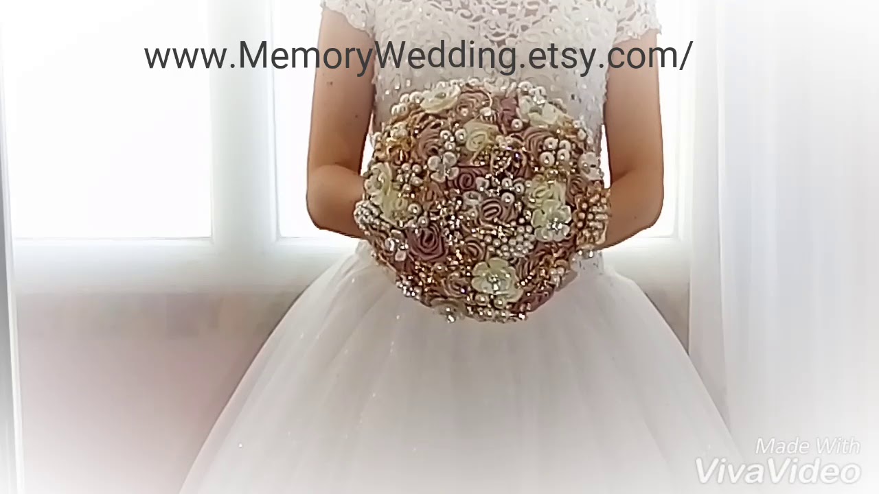 Blush and gold brooch bouquet by Memory Wedding