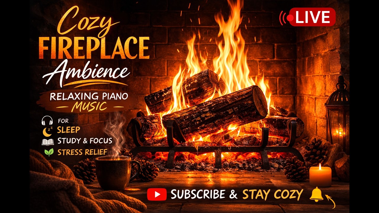🌙 LIVE 🔥 Cozy Fireplace Ambience | Relaxing Piano Music for Sleep, Study & Stress Relief