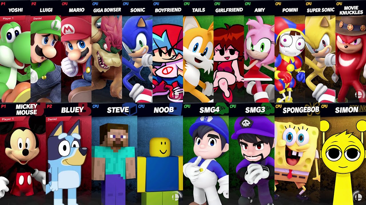 NEW Sonic vs Mario vs Roblox vs Minecraft vs Bluey vs SpongeBob vs Mickey vs Amy in Super Smash Bros
