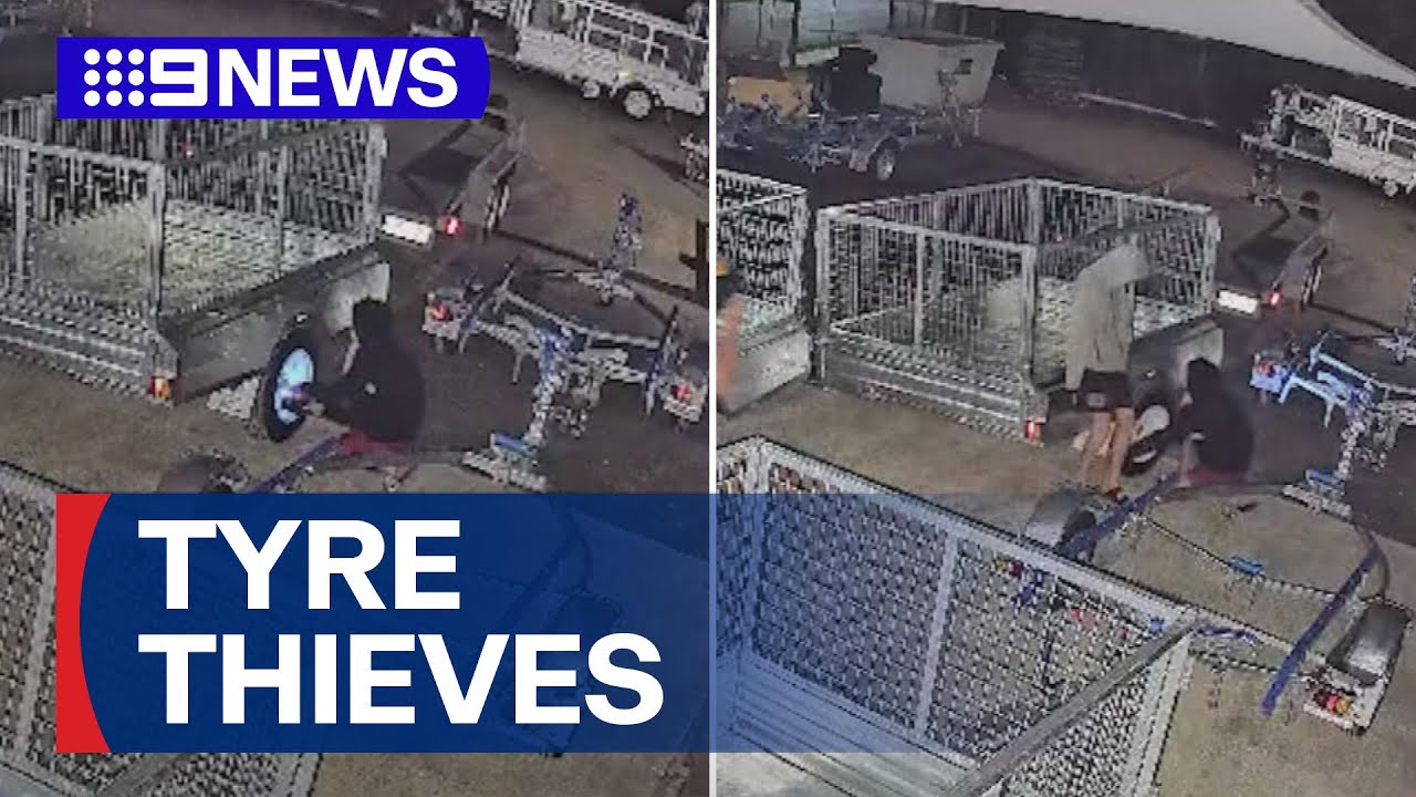 Thieves caught arguing whilst stealing a dozen trailer tyres | 9 News Australia