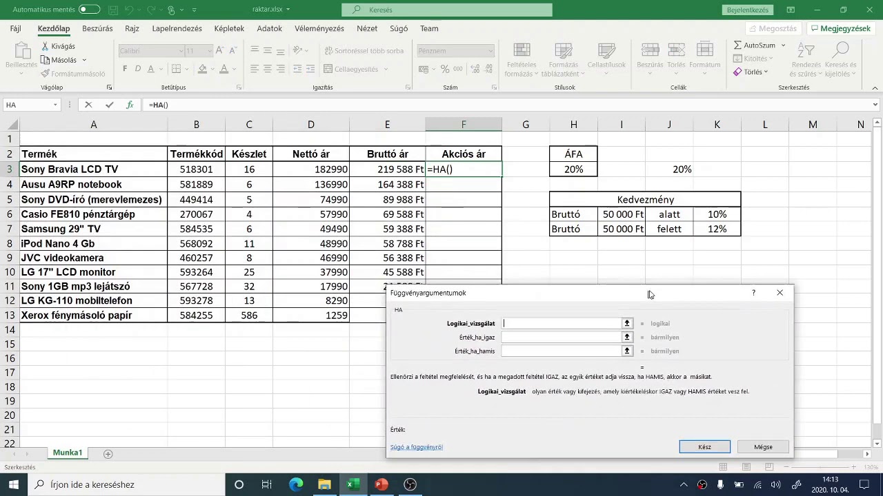 Raktár Excel feladat - Százalékszámítás, Nettó/Bruttó, HA függvény