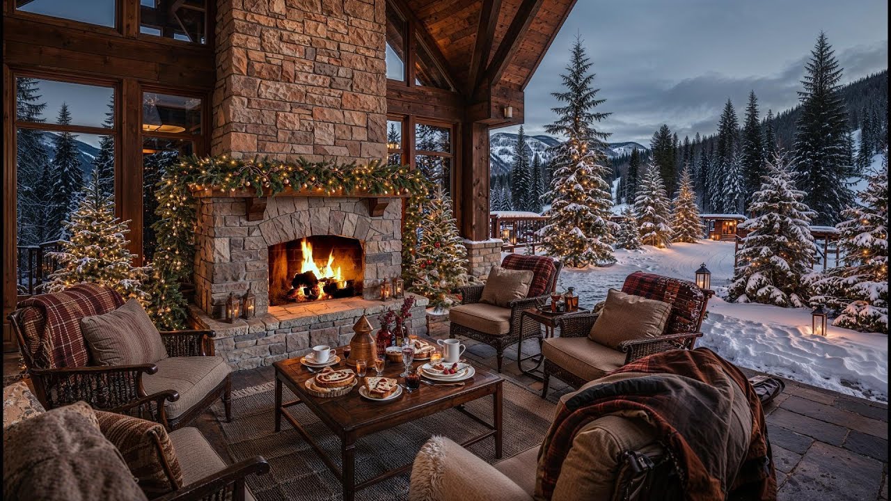4K Christmas Cabin Porch Ambience &ndash; Crackling Fireplace & Cozy Winter Glow (No Music)