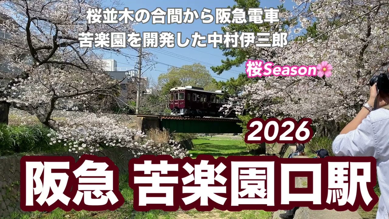 【阪急甲陽線】苦楽園口駅2026　桜並木の合間から阪急電車　苦楽園を開発した中村伊三郎