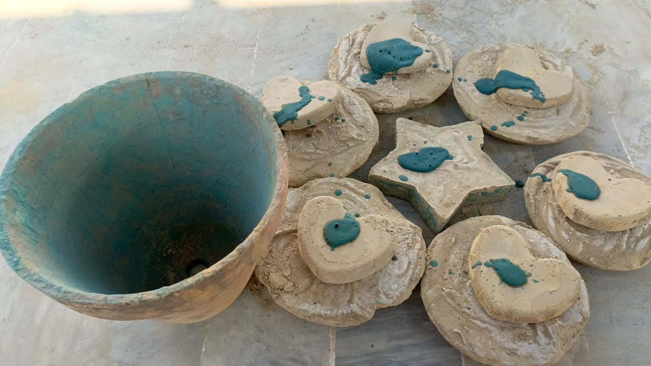 Asmr. Masterpiece white mud dirt dry crumbling in clay pot with blue dots unique shapes