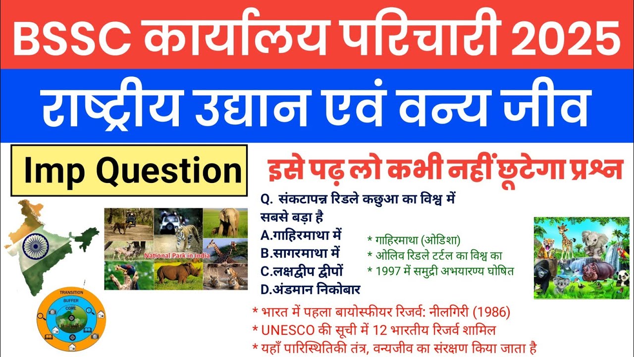 राष्ट्रीय उद्यान एवं वन्य जीव || BSSC कार्यालय परिचारी 2025 | Geography GK VVI Topic | Bssc Question