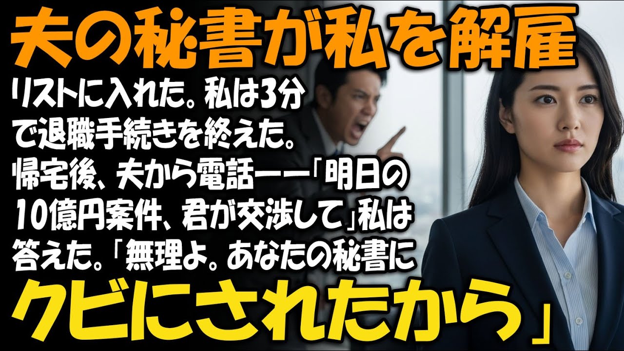 夫の秘書が私を解雇リストに入れた。私は3分で退職手続きを終えた。帰宅後、夫から電話――「明日の10億円案件、君が交渉して」私は答えた。「無理よ。あなたの秘書にクビにされたから」【家族ドラマ】【静かな復