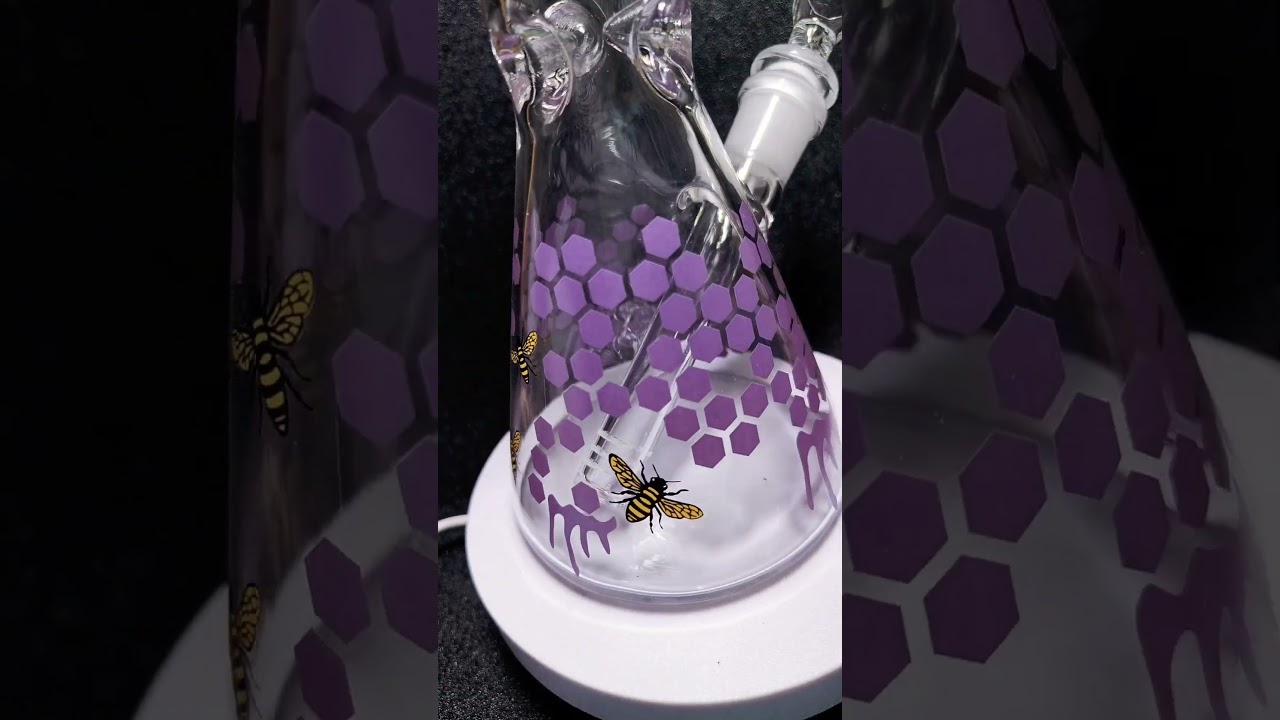 10&Prime; Beaker Glass Bong  Purple Beehive & Bumblebee