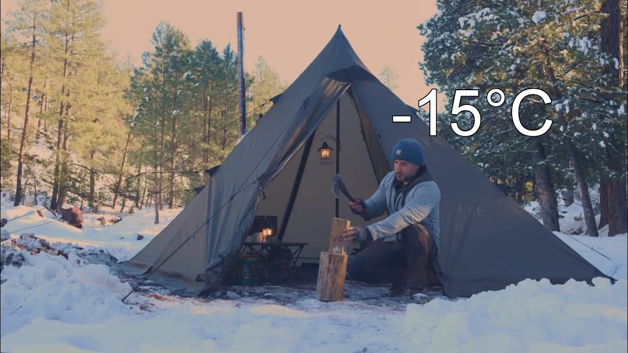 -15°C Жаркий кемпинг в палатке с моей собакой. Корейское кимчи-чигэ. Расслабляющая дровяная печь