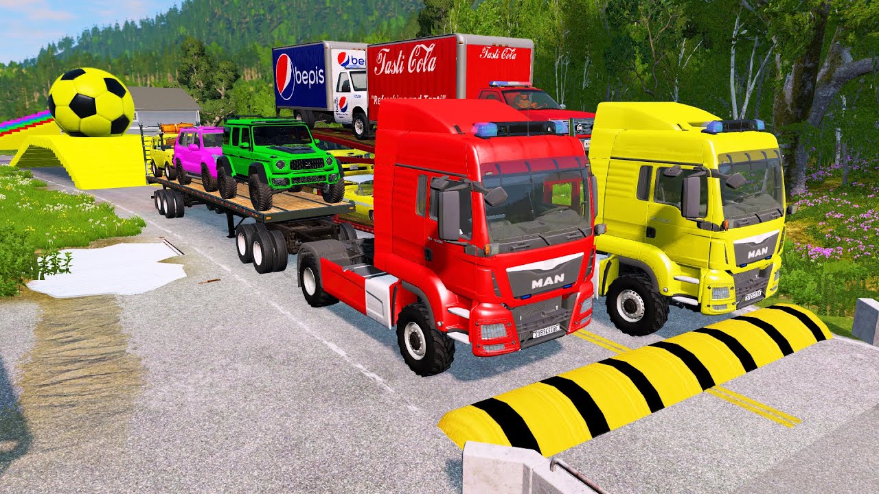 Double Flatbed Trailer Truck vs Speedbumps Train vs Cars | Tractor  Beamng.Drive 119