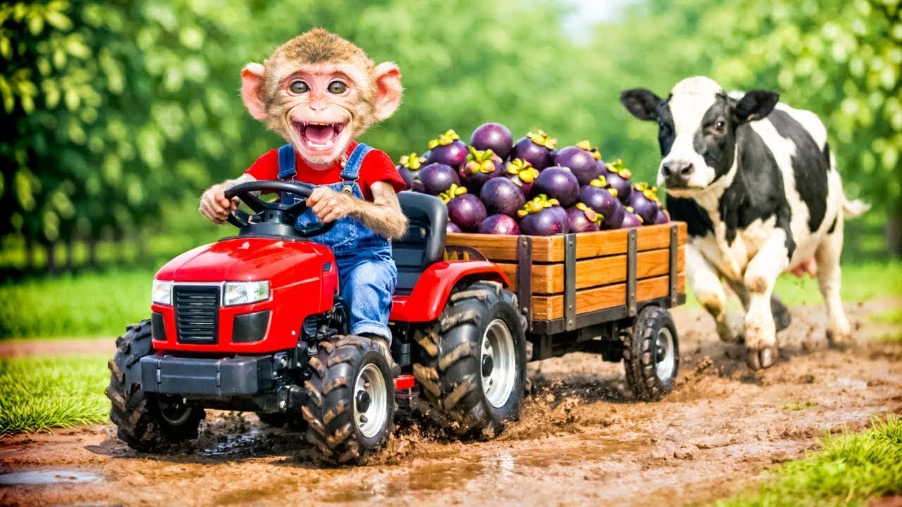 Monkey Farmer Driving a Red Tractor – So Adorable! - Monkey Farm Work