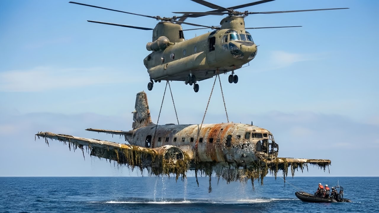 Deep Sea Mega Lift &mdash; CH 47 Chinook Raises a Rusted Sunken Aircraft 4K