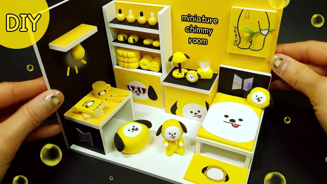 DIY Miniature BTS BT21 chimmy dollhouse room! yellow ~ bts