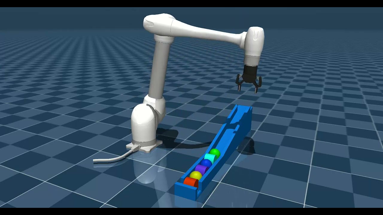 Doosan Robotics MuJoCo support demo - M1013 pick & place on slide, controlled by DSR2 (ROS2)