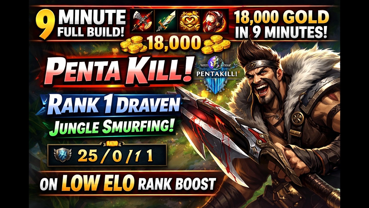 WORLD RECORD 9 MINUTE 18,000 GOLD FULL BUILD DRAVEN | Rank 1 Draven Jungle (Low Elo Rank Boosting)