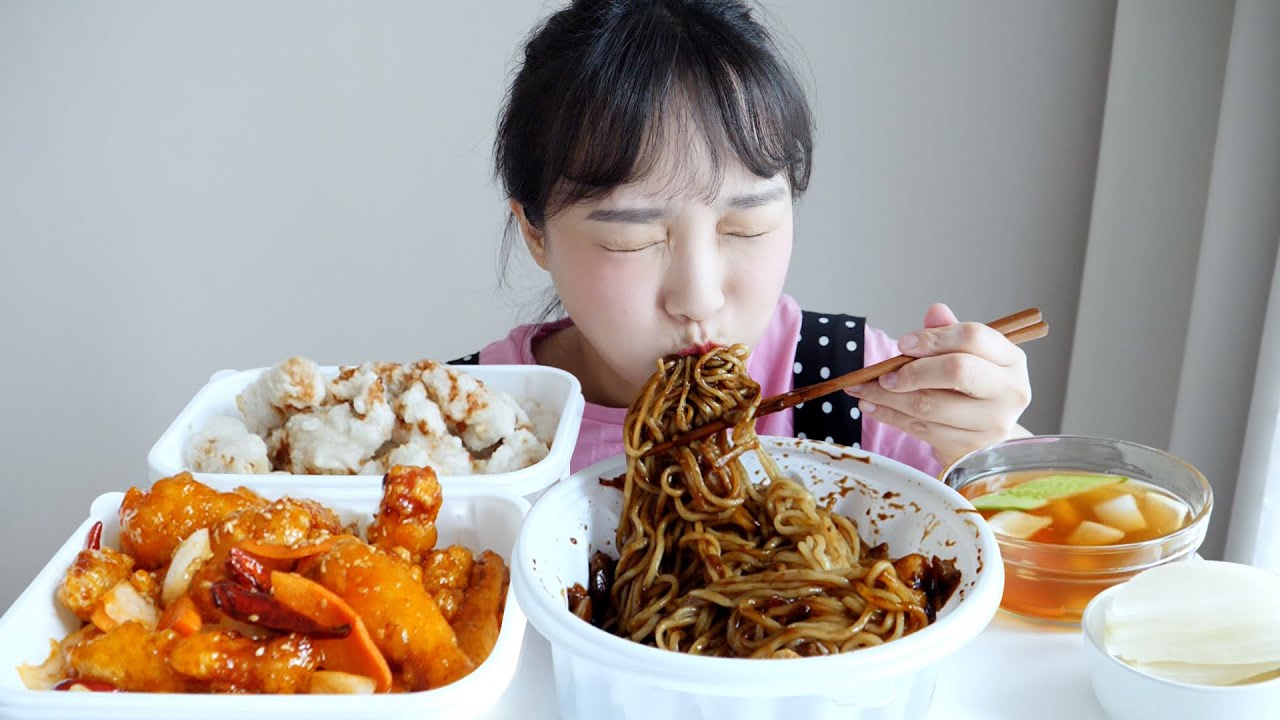 쫀득한 찹쌀탕수육과 짜장면 먹방🤎간단하게 짜장면 한그릇! REALSOUND MUKBANG | jajangmyeon, black-bean-sauce noodles :D