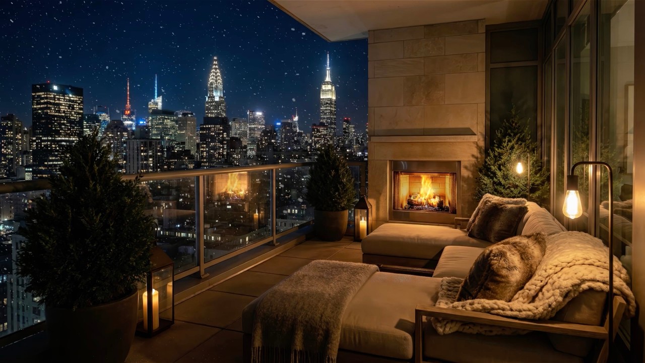 New York City Winter Balcony Ambience at Midnight to Sleep, Unwind, Focus 😴🌃🌨️ (Fireplace Sound)