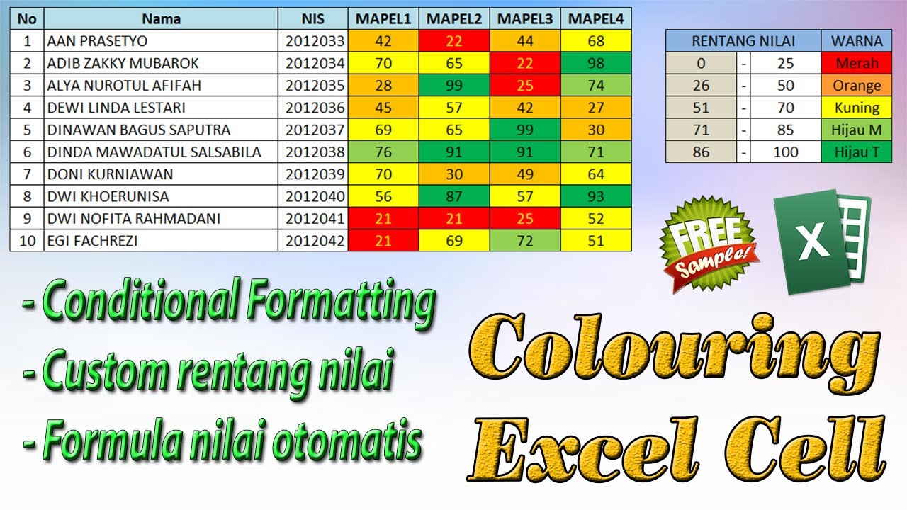 Wajib Coba, GANTI WARNA CELL EXCEL BERDASARKAN RENTANG NILAI