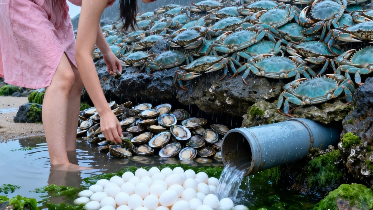 Crabs Were Hiding Under The Green Seaweed, And Xiao Zhang Exclaimed That He Was Rich.