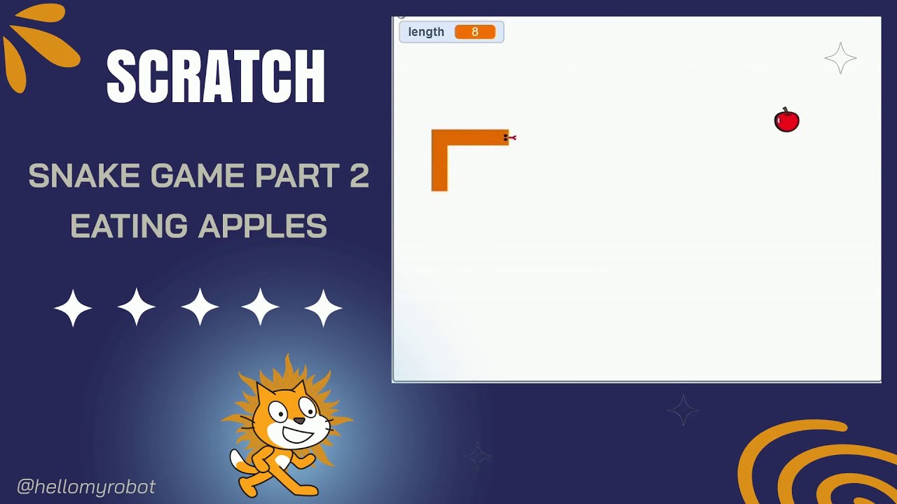 SCRATCH COURSE - SNAKE GAME PART 2 - Adding apples // How to lengthen a snake after eating apples?