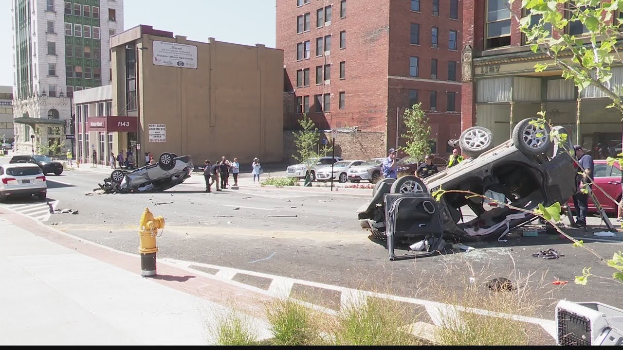 Two vehicle crash causes vehicles to be flipped over on their roof in Wheeling