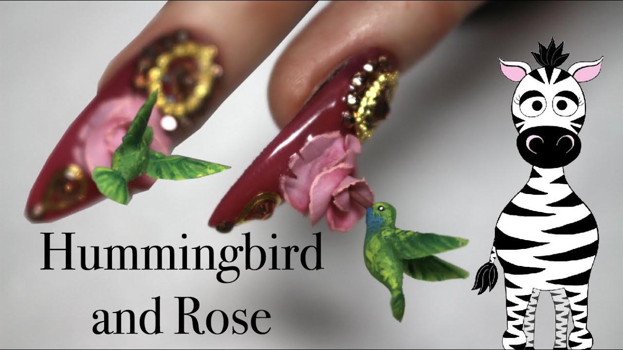 Extreme 3D Hummingbird and Rose Acrylic Nail Art Tutorial | BeautyBigBang
