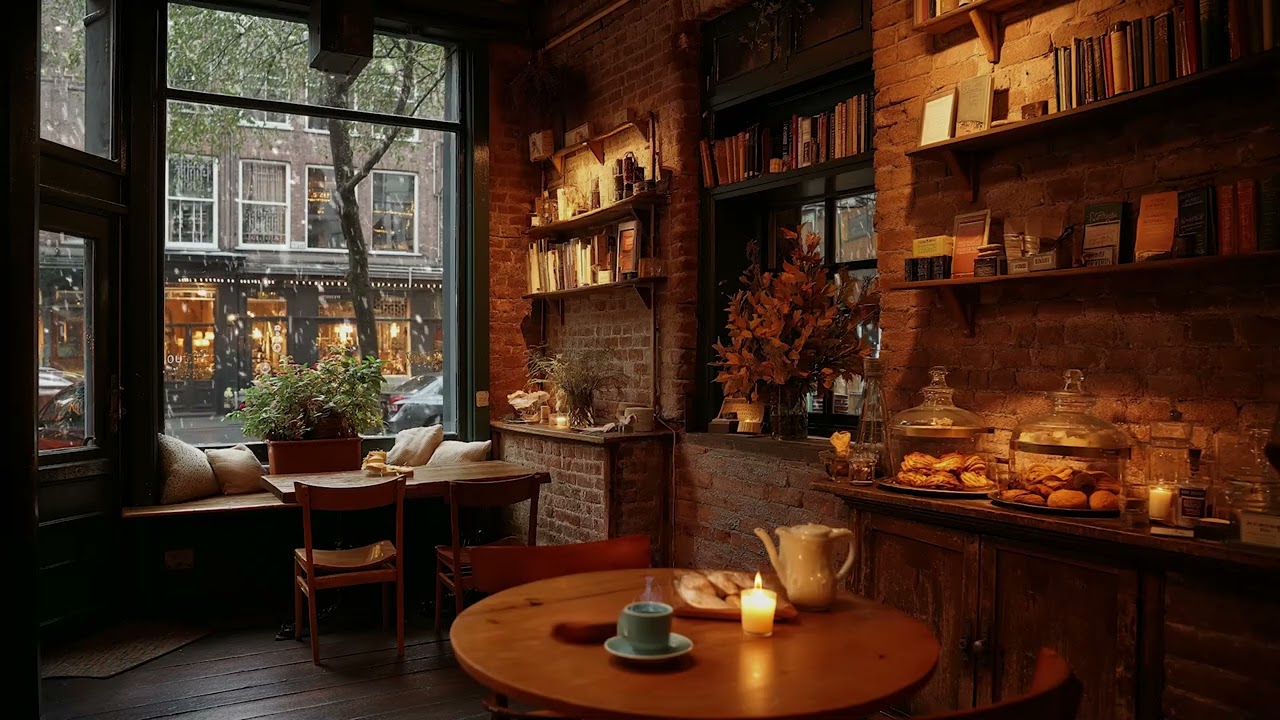 Peaceful Winter Café Ambience with Candlelight Glow, Snowy Streets, and Soothing Piano Music