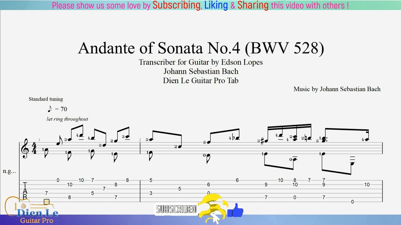For Classical Guitar with Tabs - J.S.Bach - Andante of Sonata No.4 (BWV 528) Baroque Music