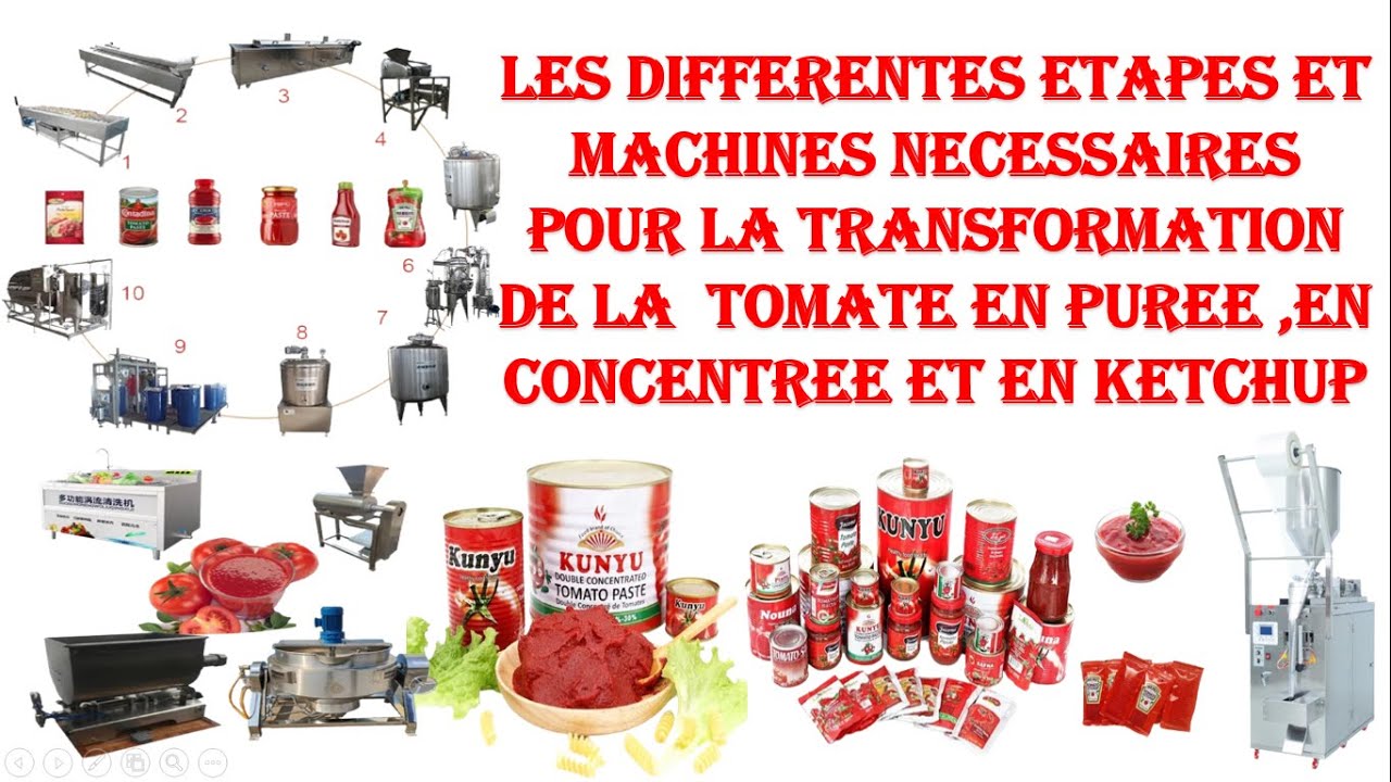 differentes etapes et machines necessaires pour la transformation de tomate en concentree et ketchup