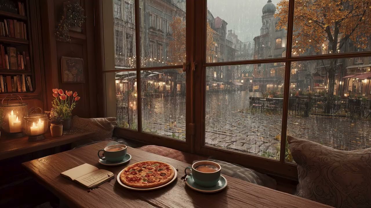 Cozy Café Rain Outside the Window ☕ Warm Indoor Ambience for Sleep & Relax