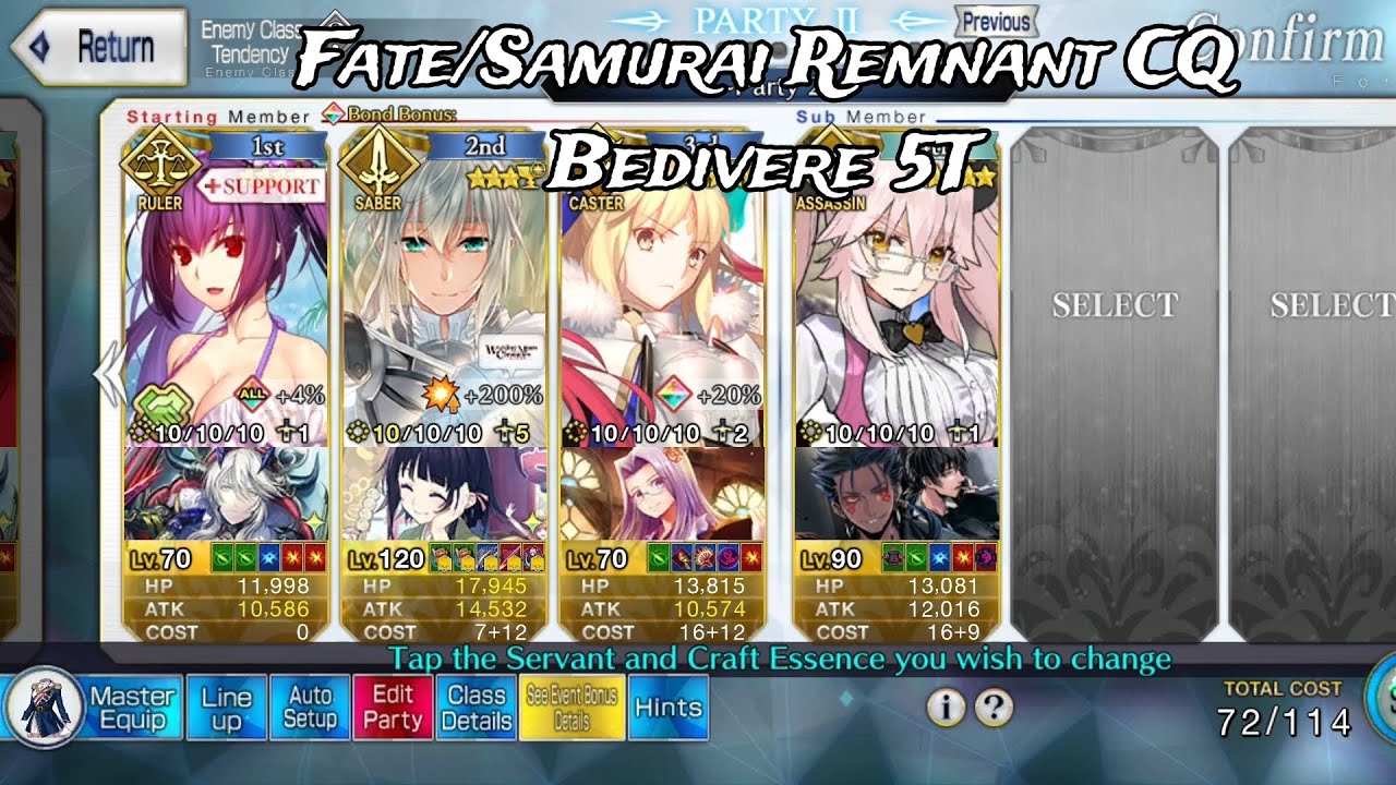 Fate/Samurai Remnant CQ -Zanya Gensou- Bedivere 5T (4 man, no dupe) [FGONA]