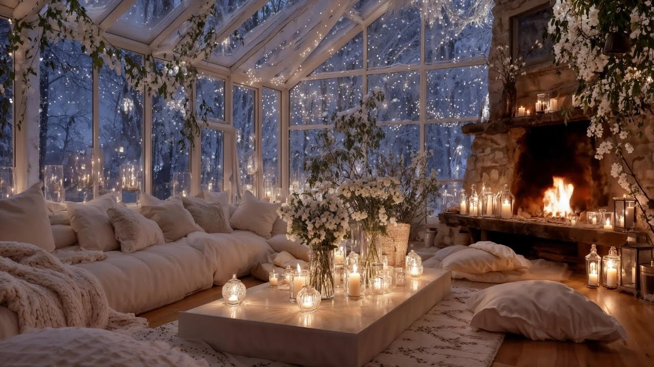 Snowy Night Ambience ❄️ Piano Music & Fireplace Sounds in a Cozy Winter Cabin | Sleep, Relax, Unwind