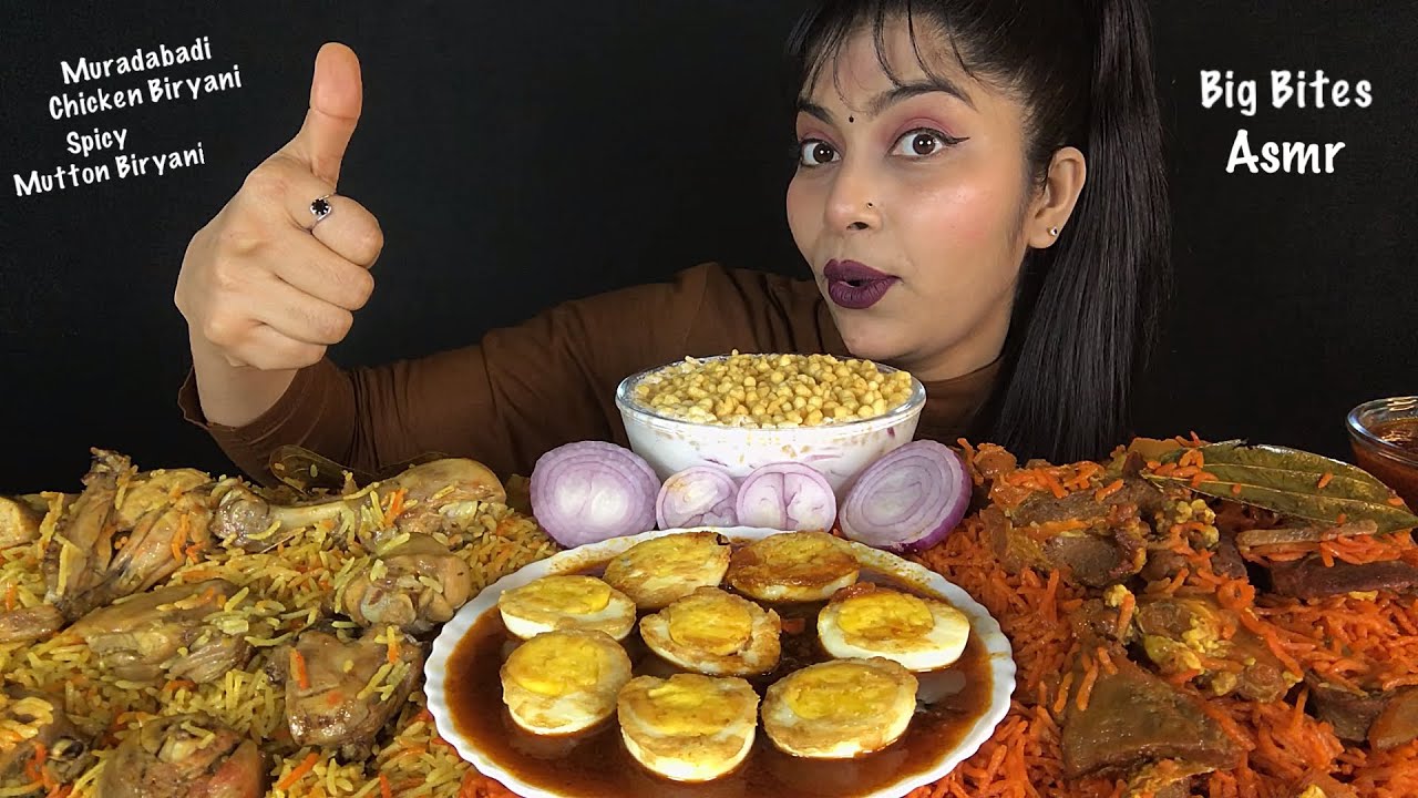 EATING MURADABADI CHICKEN BIRYANI SPICY MUTTON BIRYANI ONION BONDI RAYTA EGG CURRY WITH GRAVY | ASMR