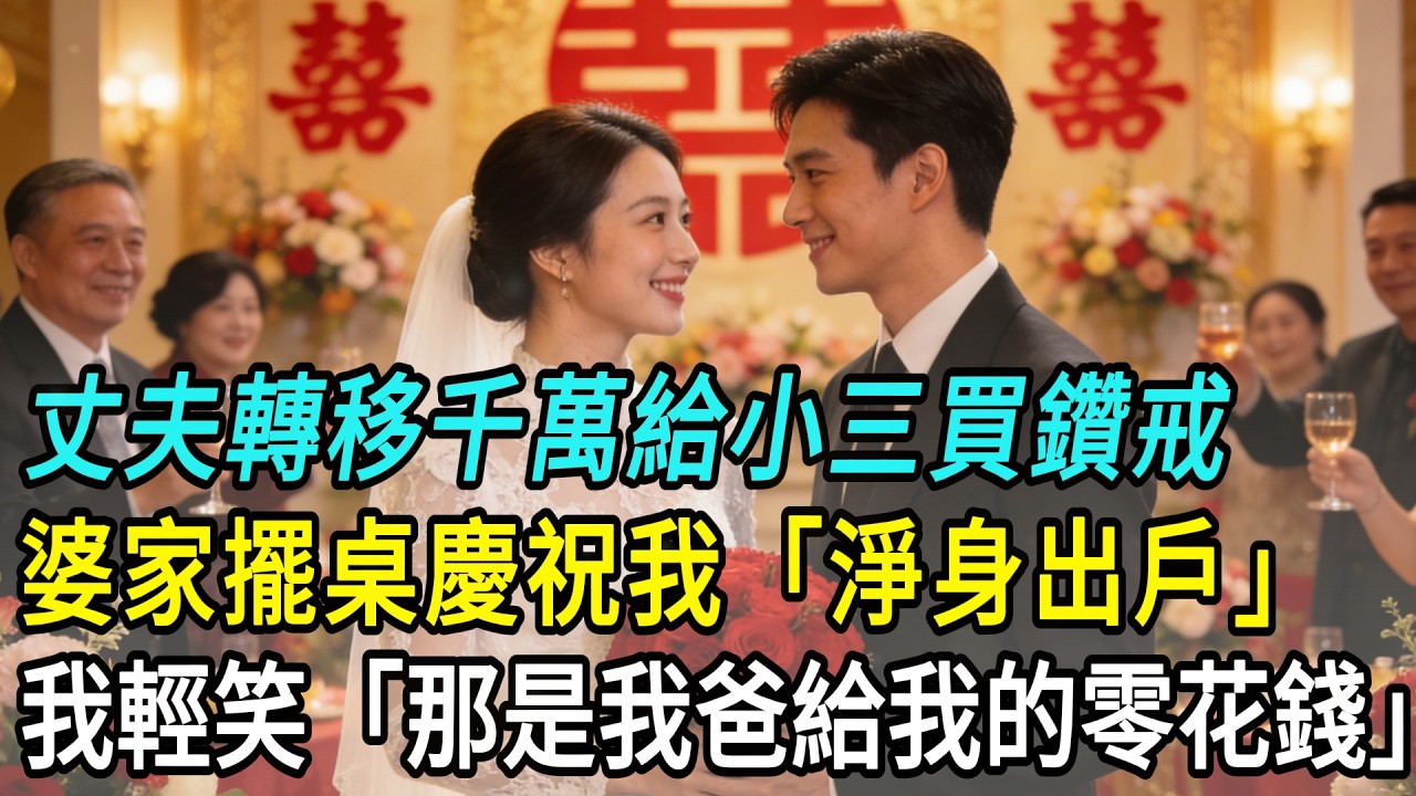 丈夫轉移千萬給小三買鑽戒，婆家擺桌慶祝我「淨身出戶」。我輕笑：那是我爸給我的零花錢，現在收回！全家瞬間傾家蕩產流落街頭，跪地求復合我直接鎖門！