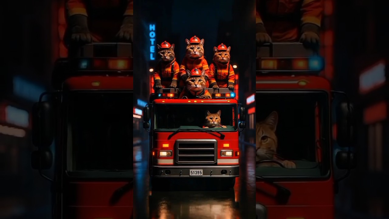 Epic 4K Rescue:  Realistic AI Animation of Firefighter Cats
