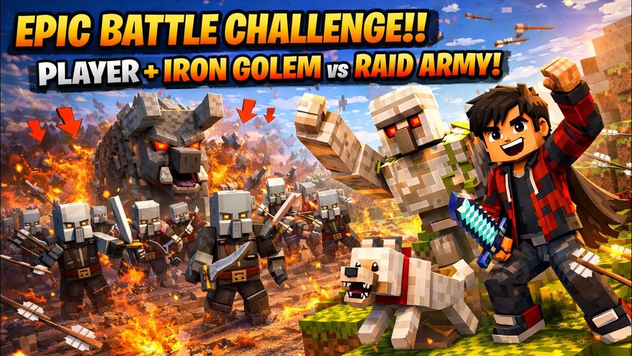Vindicator, Pillager & Ravager Raid 😱 | Player + Iron Golem Army (Dangerous Fight!)