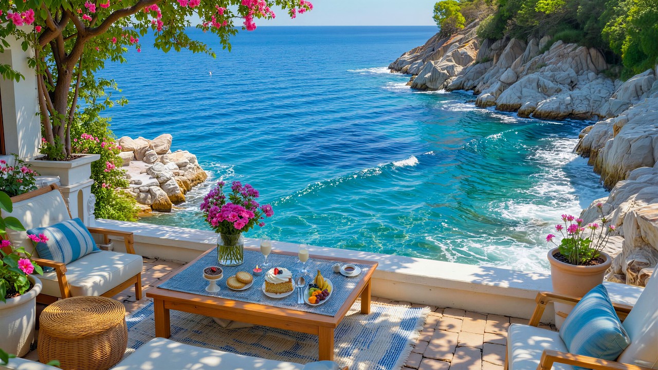 Mediterranean Summer Café ☕ Elegant Jazz with Soft Ocean Waves & Relaxing Vibes