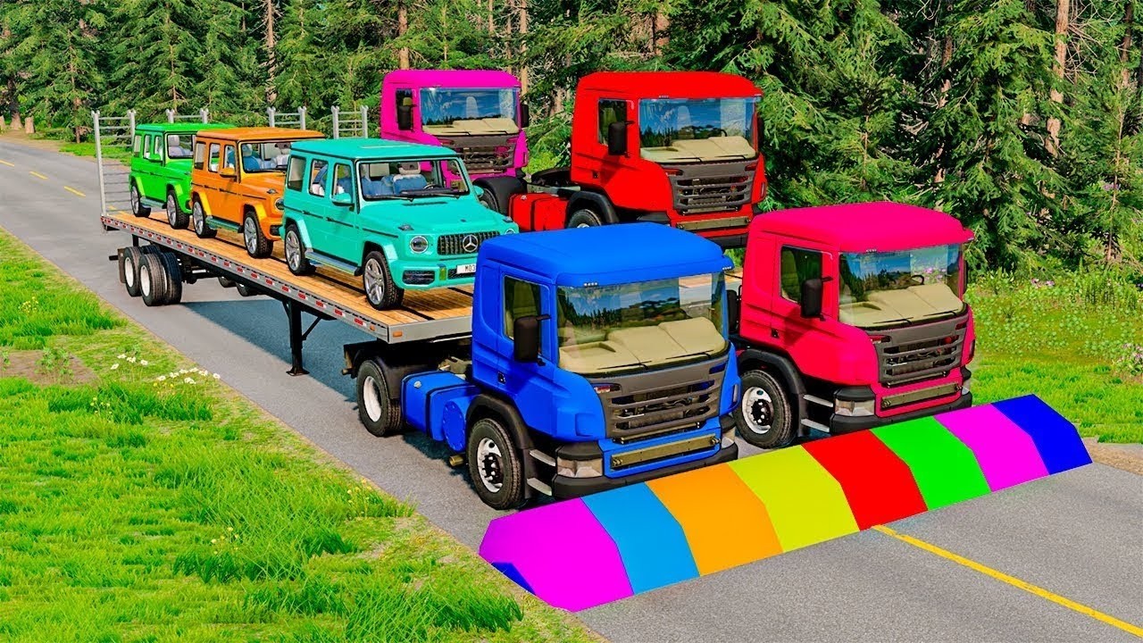 TRANSPORTING PIXAR CARS & FRUITS WITH COLORED & JOHN DEERE vs CLAAS vs TRACTORS - BeamNG.drive #983