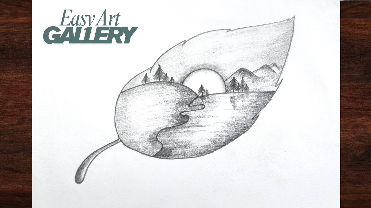 Easy and Beautiful Scenery Drawing inside the Leaf || Learn How to Draw || Easy Art Gallery 