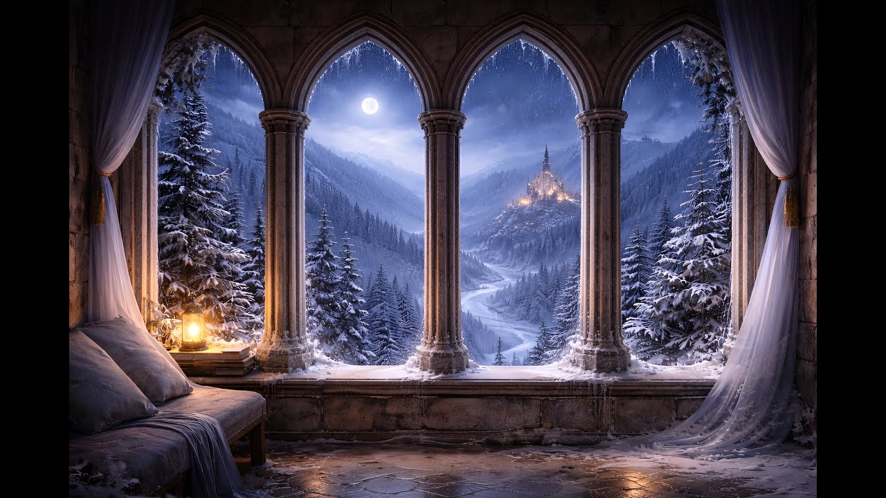 Snowy Fantasy Window Ambience | Snow, Mist & Gentle Night Sounds (2 Hours)
