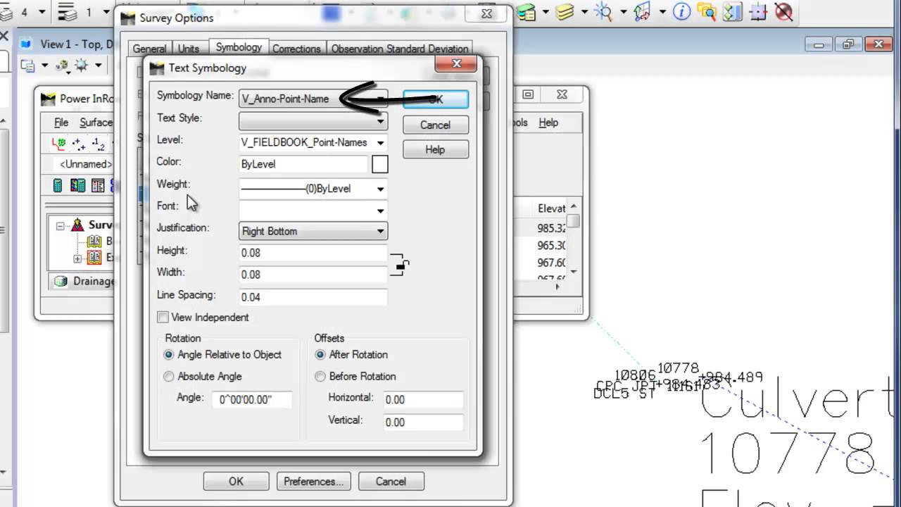 InRoads Survey Options working with symbols, points, and elevations