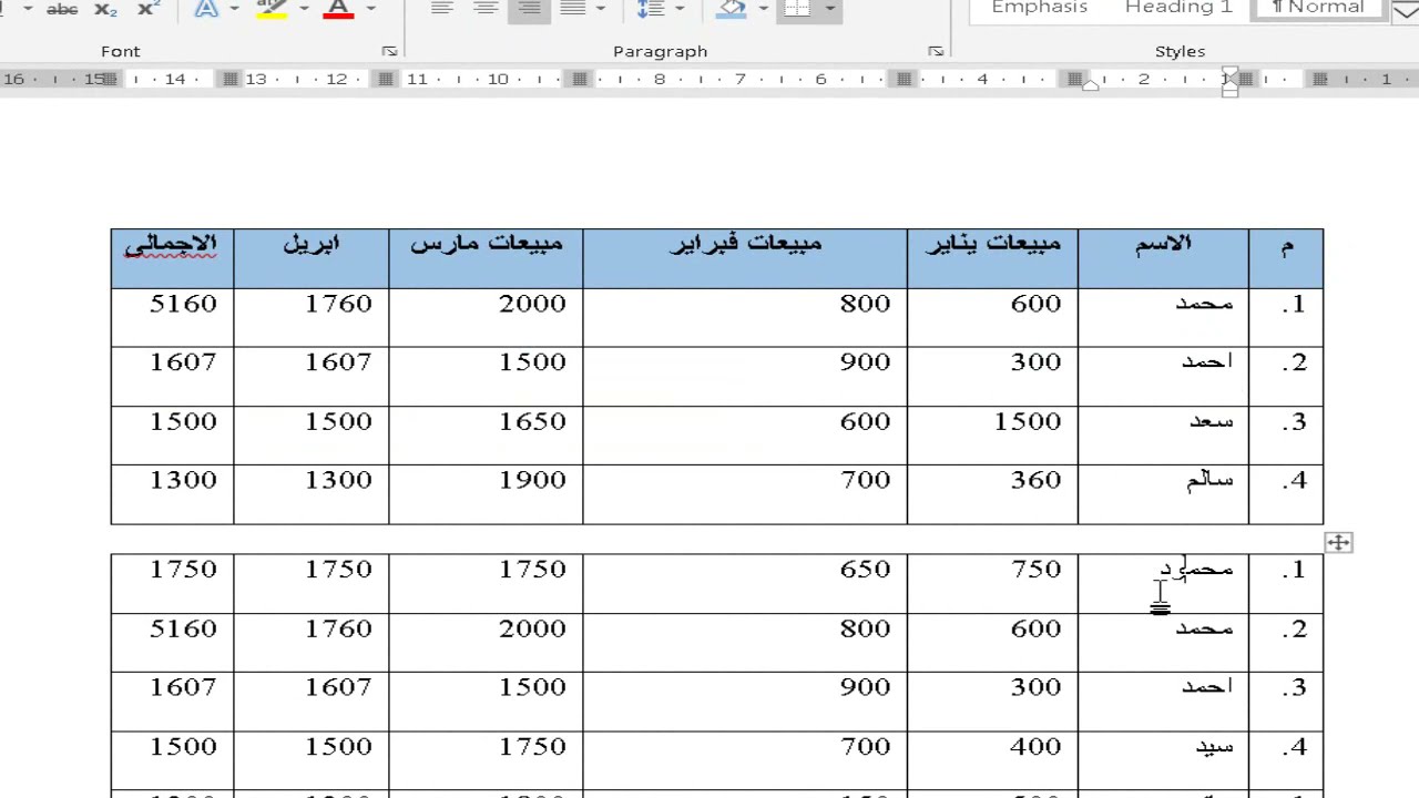 طريقة تقسيم الجدول الى مجموعه جداول فى الوورد - ادراج الترقيم التلقائي فى الوورد - الترقيم التلقائي