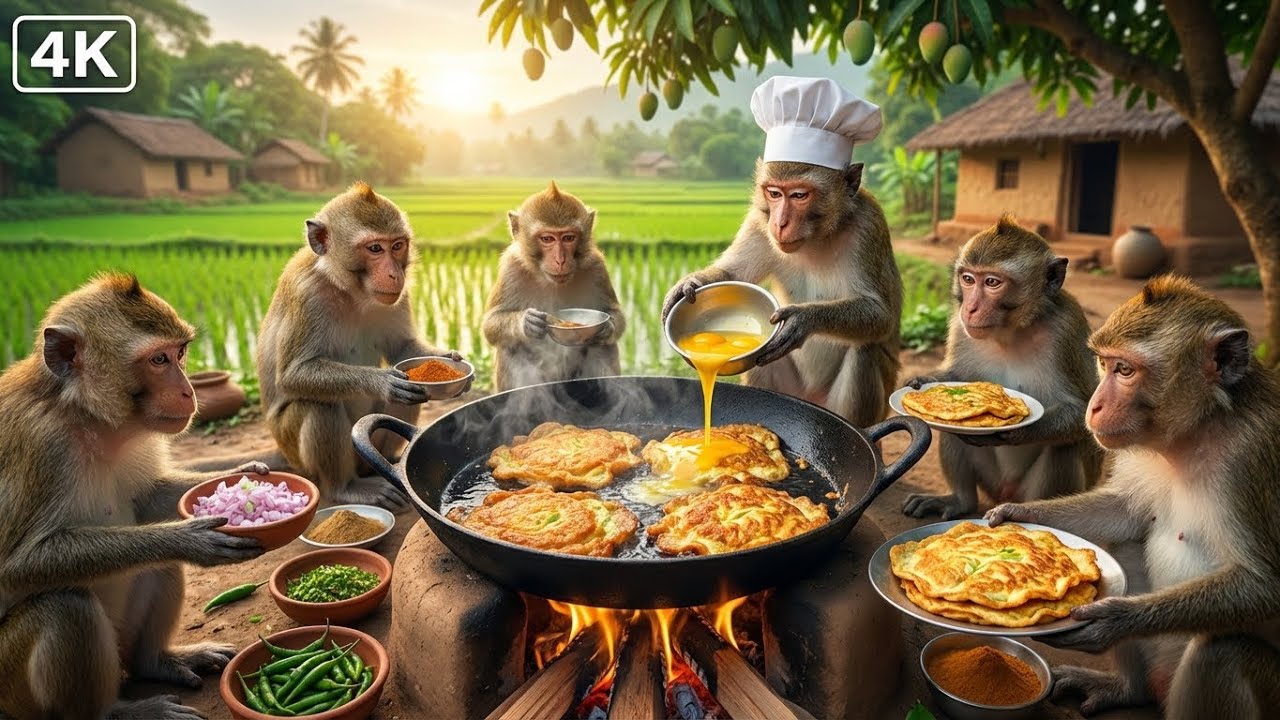 Chicken Omelette Cooked by Monkeys in the Village 🐒🍳 | Traditional Style